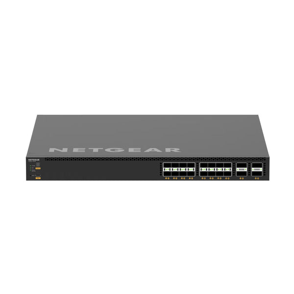 Front view of Netgear VSM4320C fully managed switch with 16 SFP28 ports and 4 QSFP28 100G ports, TAA compliant. – image 2