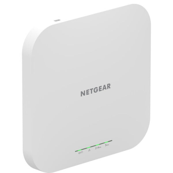 Front view of Netgear WAX610 AX1800 dual-band PoE cloud-managed wireless access point showing its sleek design and network ports. – image 1