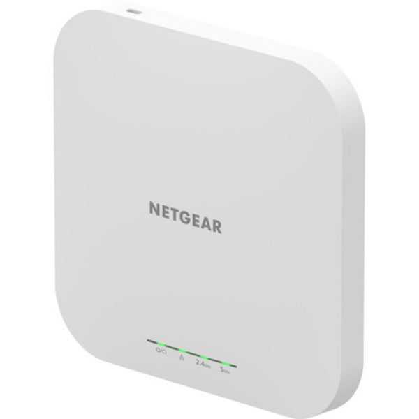 Netgear WAX610 AX1800 dual-band PoE wireless access point with front and right perspective, cloud-managed networking device – image 3