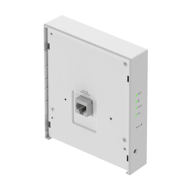 Netgear WAX610W AX1800 dual-band Wi-Fi 6 access point viewed from the back left side, showcasing its design and ports.