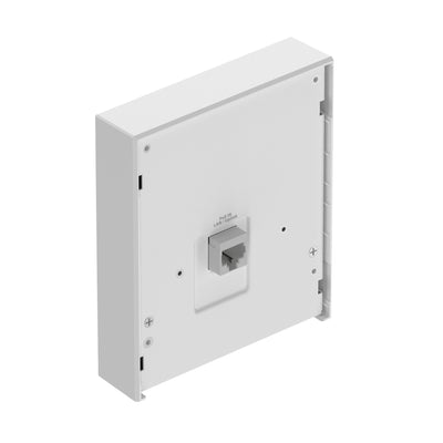 Netgear WAX610W AX1800 dual-band Wi-Fi 6 access point with rear view, showcasing its sleek design and port connections.
