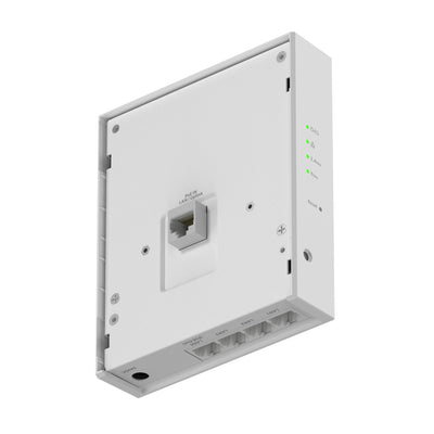 Netgear WAX610W AX1800 dual-band Wi-Fi 6 access point shown from back left bottom angle, highlighting its sleek design and ports.