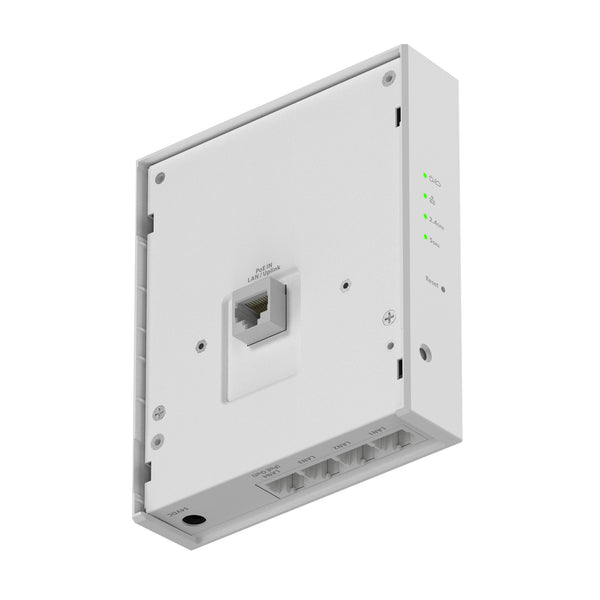 Netgear WAX610W AX1800 dual-band Wi-Fi 6 access point shown from back left bottom angle, highlighting its sleek design and ports. – image 10