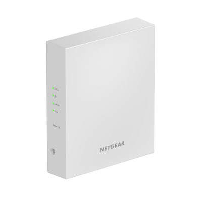 Netgear WAX610W AX1800 dual-band Wi-Fi 6 access point shown from front-left angle with antennas and Ethernet port.