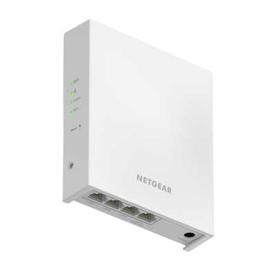 Netgear WAX610W AX1800 dual-band Wi-Fi 6 access point front left bottom angle, showing its sleek white design and ventilation vents