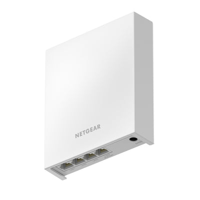 Netgear WAX610W AX1800 dual-band Wi-Fi 6 access point shown from front right bottom angle with antennas and ports visible