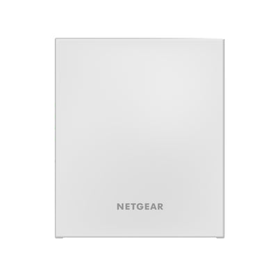 Netgear WAX610W AX1800 dual-band Wi-Fi 6 access point front view showing sleek black design with LED indicators.
