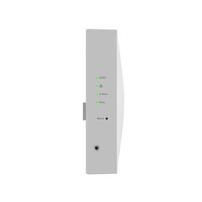 Netgear WAX610W AX1800 dual-band Wi-Fi 6 access point shown from the left side view, featuring a sleek white design and multiple ports.