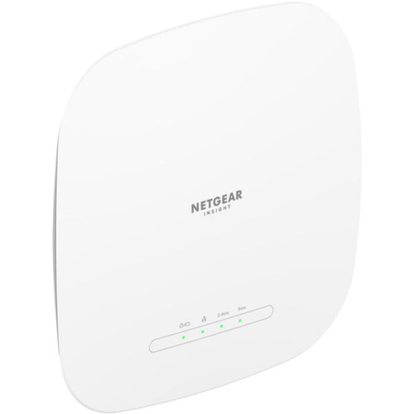 Netgear WAX618 AX3000 dual-band wireless access point shown from front left perspective, featuring sleek design and status indicator lights. – image 1
