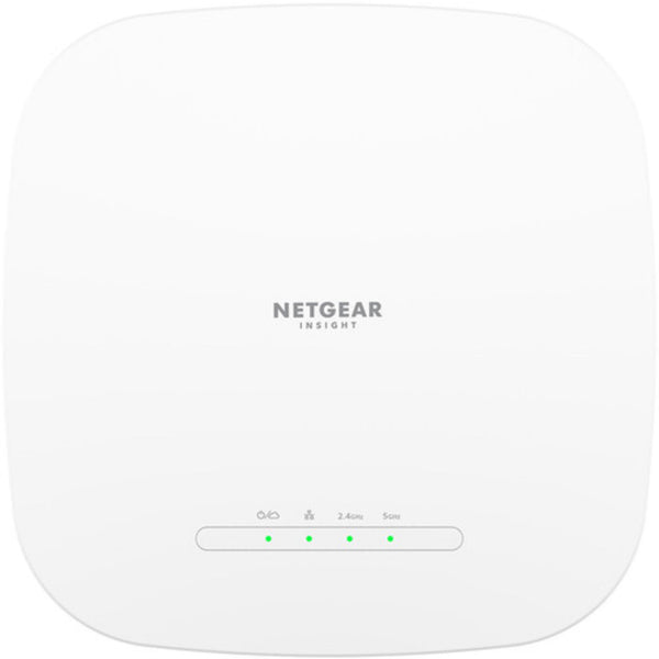 Front view of the Netgear WAX618 AX3000 dual-band wireless access point, showing its sleek design and LED indicators. – image 2