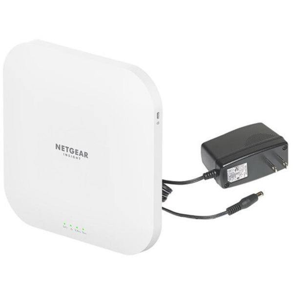 Netgear WAX620PA AX3600 dual-band wireless access point with 2.5 Gigabit Ethernet ports and power adapter, front right view. – image 3