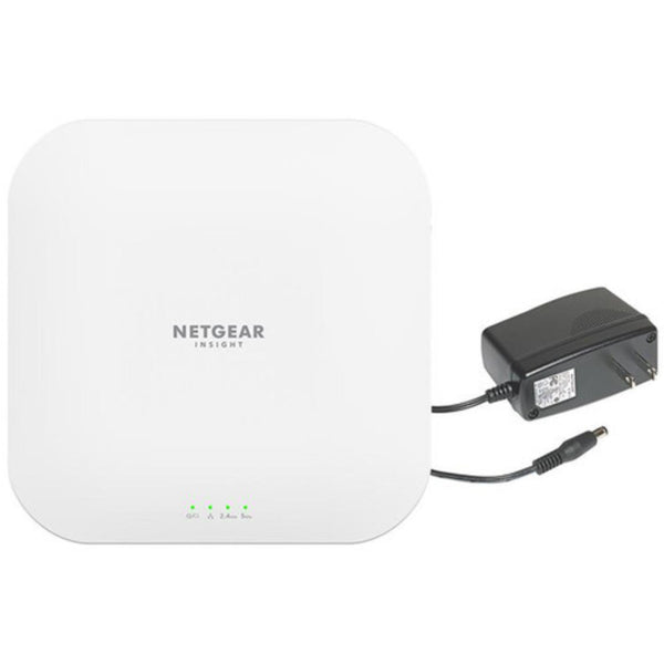Netgear WAX620PA AX3600 dual-band wireless access point with 2.5 Gigabit Ethernet ports and power adapter, front view. – image 1