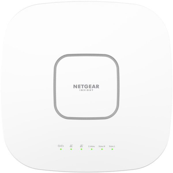 Front view of Netgear WAX638E AXE7800 wireless tri-band access point, showcasing its sleek design and multiple antennas. – image 1