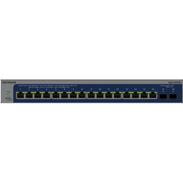 Front view of Netgear XS516TM 16-port 10G managed network switch with LED indicators and ports visible.