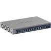 Front left view of Netgear XS516TM 16-port 10G managed network switch showing ports and LED indicators.