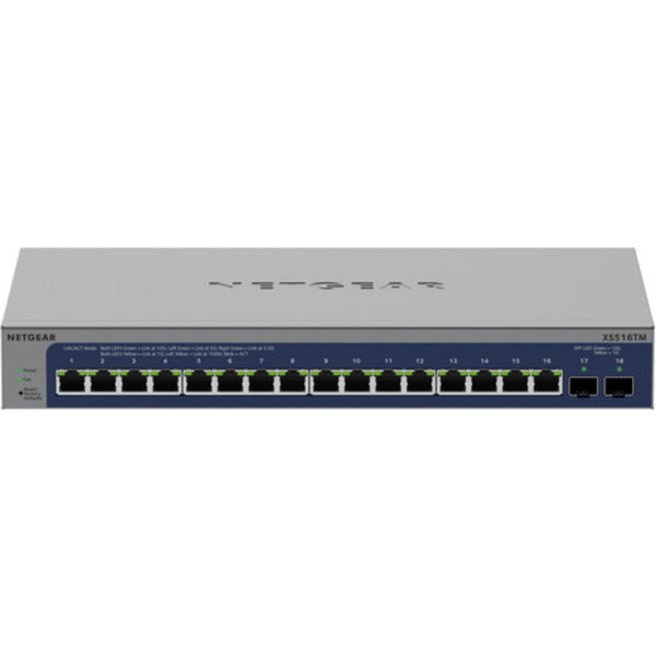 Front view of the Netgear XS516TM 16-port 10G managed network switch showing ports and connectivity features.