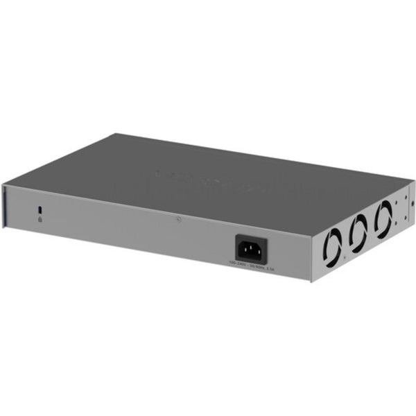 Rear view of Netgear XS516TM 16-port 10G managed network switch showing ports and ventilation for high-speed data transfer.