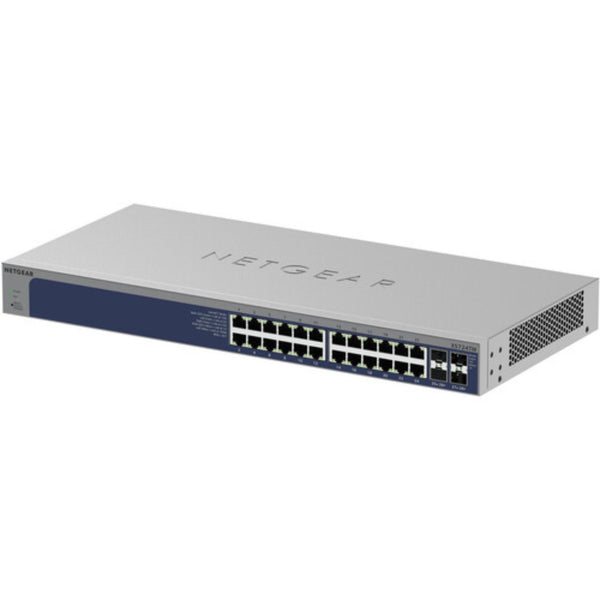 Front right view of the Netgear XS724TM 24-port 10G managed network switch with multiple Ethernet ports and LED indicators. – image 3