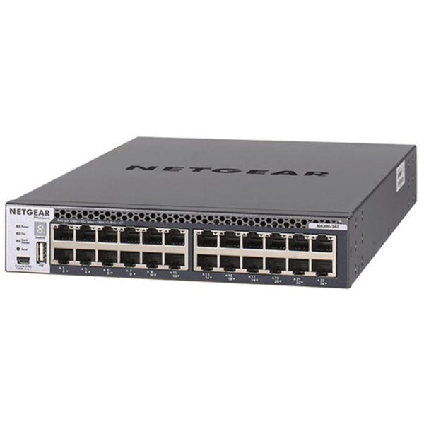 Netgear M4300-24X managed 24-port 10G network switch with SFP+ ports, front-left isometric view. – image 1