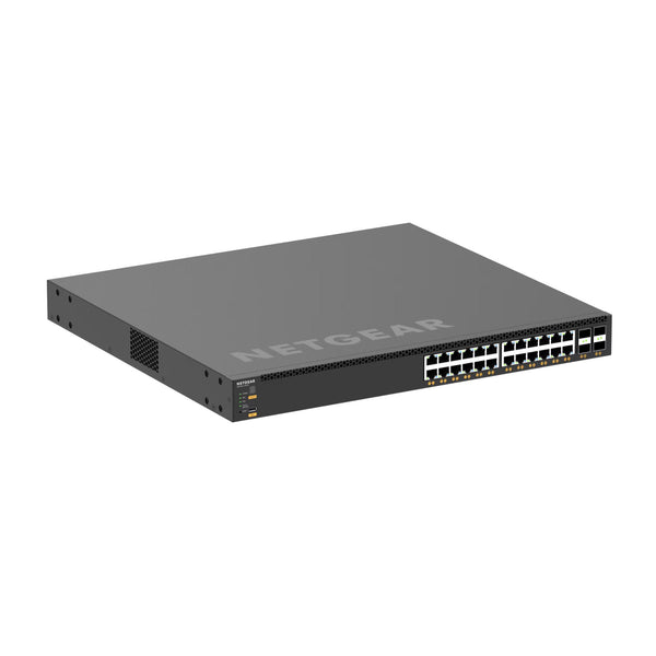 Front view of Netgear XSM4328CV managed switch with 24 10G/Multi-Gig PoE+ ports and 4 SFP28 25G ports, TAA compliant. – image 1