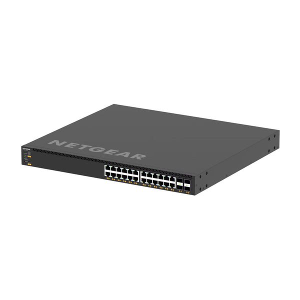 Netgear XSM4328CV managed switch with 24 10G/Multi-Gig PoE+ ports, 4 SFP28 ports, TAA compliant, front right perspective. – image 3