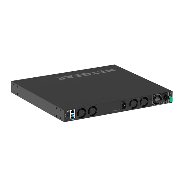 Rear view of Netgear XSM4328CV managed switch with 24x10G/Multi-Gig PoE+ ports, 4xSFP28 25G ports, and TAA compliance. – image 4