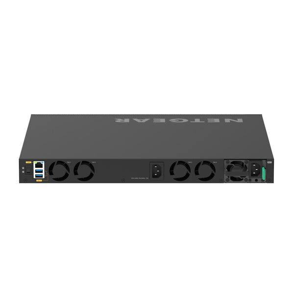 Rear view of Netgear XSM4328CV managed switch with 24 10G/Multi-Gig PoE+ ports, 4 SFP28 25G ports, TAA compliant. – image 5