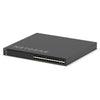 Front left isometric view of Netgear M4350-24F4V 24-port 10G SFP+ managed AV network switch showing ports and LED indicators.
