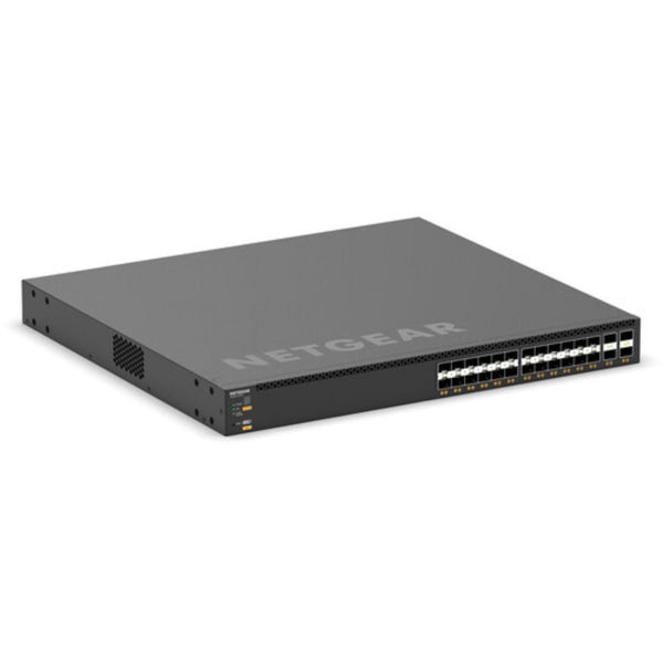 Front right isometric view of the Netgear M4350-24F4V 24-port 10G SFP+ managed AV network switch showing ports and interface panel. – image 4