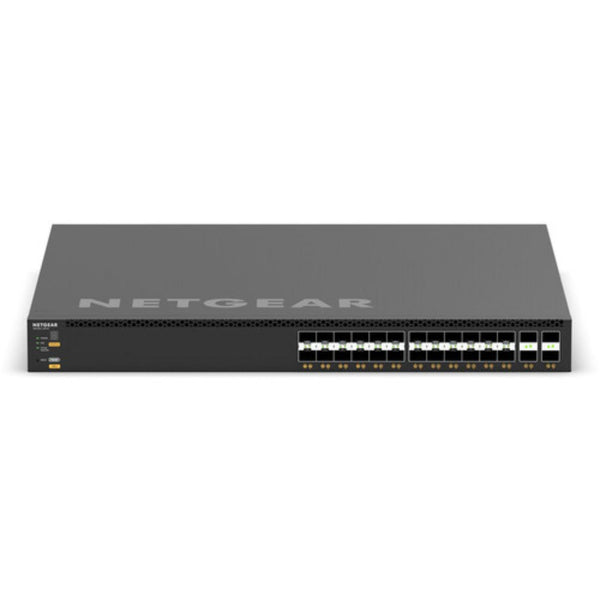 Front top view of Netgear M4350-24F4V managed 24-port 10G SFP+ AV network switch showing ports and LED indicators. – image 1