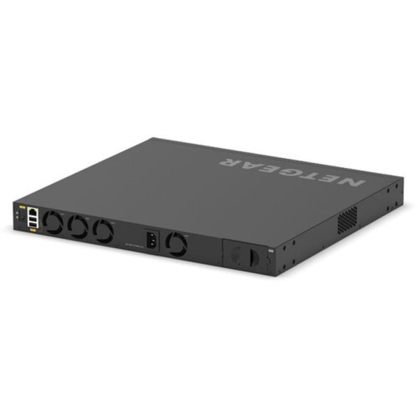Rear left isometric view of the Netgear M4350-24F4V 24-port 10G SFP+ managed AV network switch with multiple ports and ventilation. – image 5