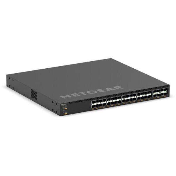 Front right isometric view of the Netgear M4350-32F8V 32-port 10G SFP+ managed AV network switch showing ports and status LEDs. – image 4
