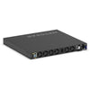 Rear right isometric view of the Netgear M4350-32F8V 32-port 10G SFP+ managed AV network switch with multiple ports and ports labels.