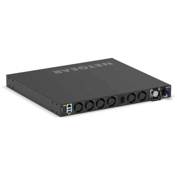 Rear right isometric view of the Netgear M4350-32F8V 32-port 10G SFP+ managed AV network switch with multiple ports and ports labels. – image 6
