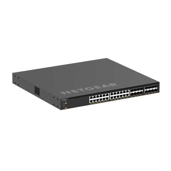 Front view of Netgear M4350-32F8V fully managed switch with 32 SFP+ and 8 SFP28 ports, TAA compliant, network hardware.