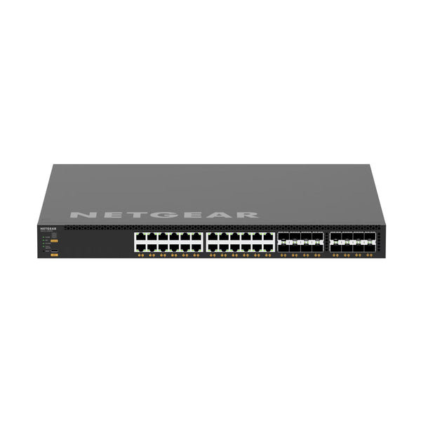 Netgear M4350-32F8V fully managed switch with 32 SFP+ and 8 SFP28 ports, front view showing port labels and LED indicators.