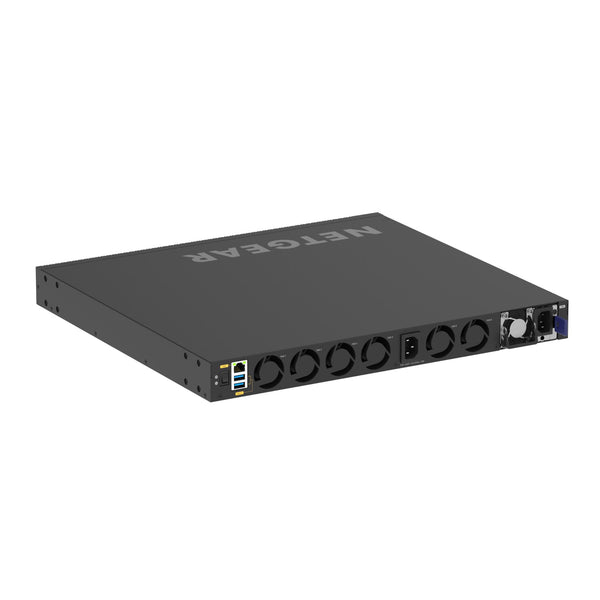 Rear view of Netgear M4350-32F8V fully managed switch with 32 SFP+ and 8 SFP28 ports, TAA compliant networking hardware.