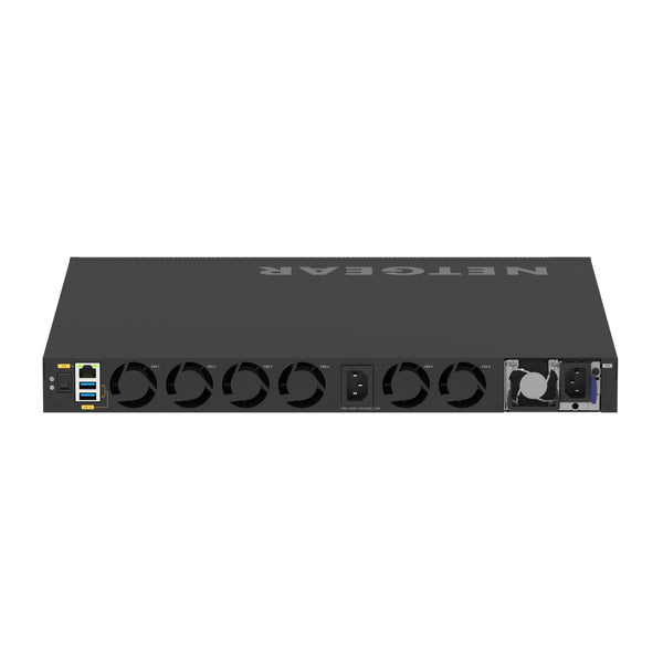 Rear view of Netgear M4350-32F8V fully managed switch with 32 SFP+ and 8 SFP28 ports, TAA compliant network switch.