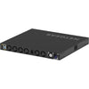 Rear left isometric view of Netgear M4350-40X4C managed 40-port 10G PoE++ AV network switch with ports and connectivity details.