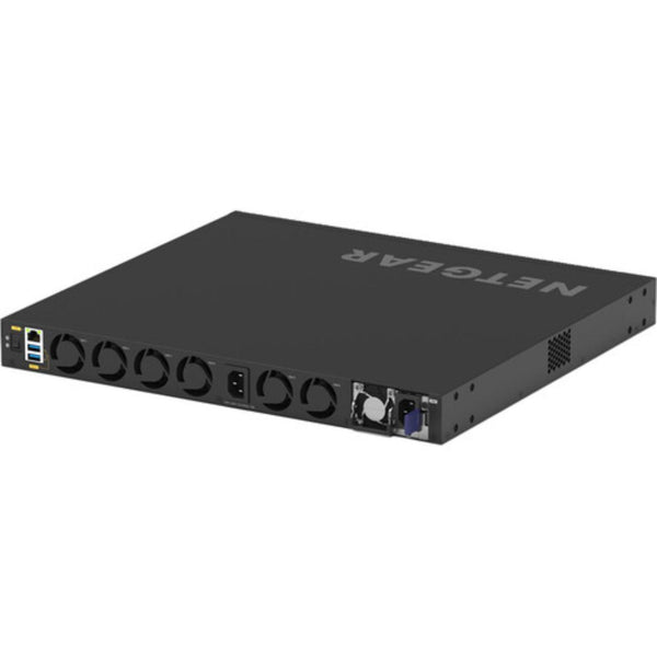 Rear left isometric view of Netgear M4350-40X4C managed 40-port 10G PoE++ AV network switch with ports and connectivity details. – image 5