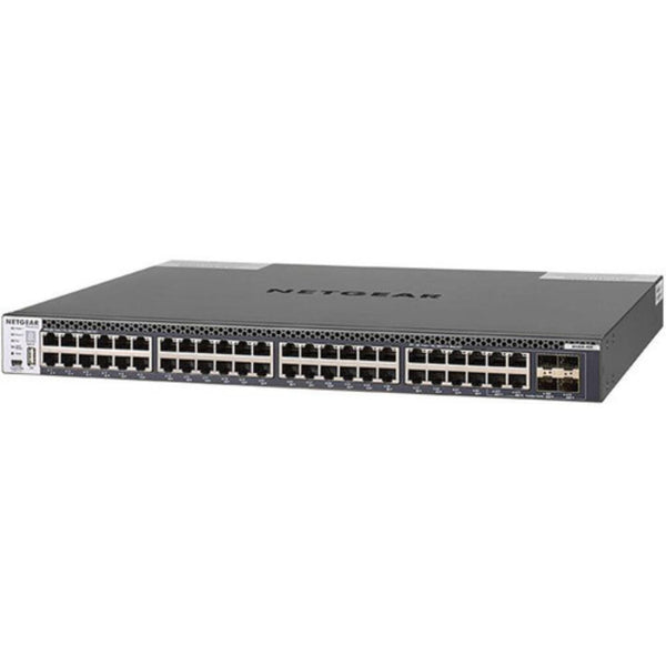 Front right view of Netgear M4300-48X 48-port 10G managed network switch with SFP+ ports, showcasing its multiple network interfaces. – image 3