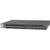Front left angle view of Netgear M4300-24X24F managed network switch with 24 RJ45 ports and 24 SFP+ 10G ports.
