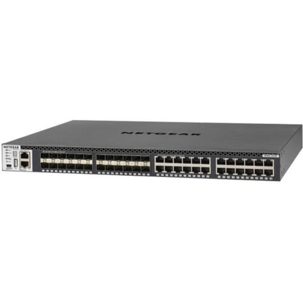 Front left angle view of Netgear M4300-24X24F managed network switch with 24 RJ45 ports and 24 SFP+ 10G ports.