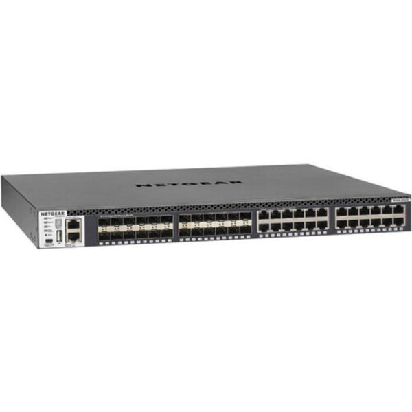 Netgear M4300-24X24F managed network switch with 24 RJ45 ports and 24 SFP+ 10G ports, front right angle view.