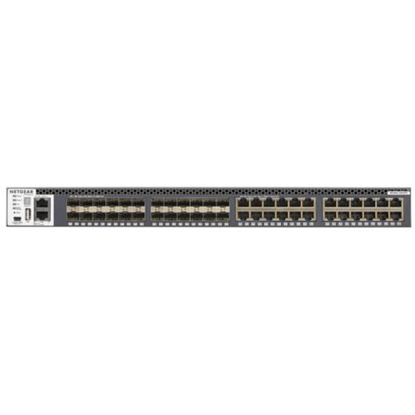 Front view of Netgear M4300-24X24F managed network switch with 24 RJ45 ports and 24 SFP+ 10G ports on a sleek black device.