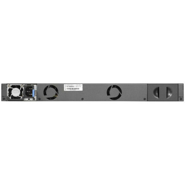 Rear view of Netgear M4300-24X24F managed network switch with 24 RJ45 ports and 24 SFP+ 10G ports for enterprise networking.