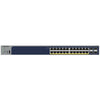Close-up of the front panel of the Netgear ProSafe GS728TPP 24-port Gigabit PoE+ managed network switch.