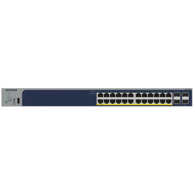 Close-up of the front panel of the Netgear ProSafe GS728TPP 24-port Gigabit PoE+ managed network switch.
