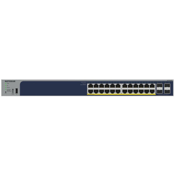 Close-up of the front panel of the Netgear ProSafe GS728TPP 24-port Gigabit PoE+ managed network switch. – image 4