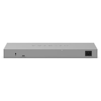 Close-up of the rear panel of the Netgear ProSafe GS728TPP 24-port Gigabit PoE+ managed network switch showing ports and connectivity options.